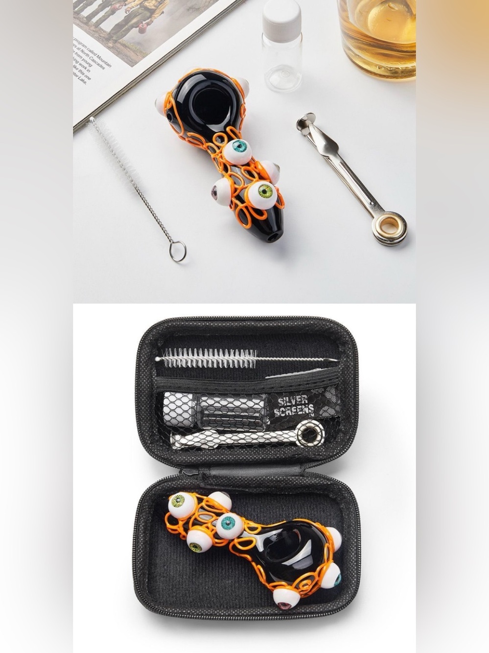 Cool eyeball glow in the dark Glass Art Hand Piece with Travel Case